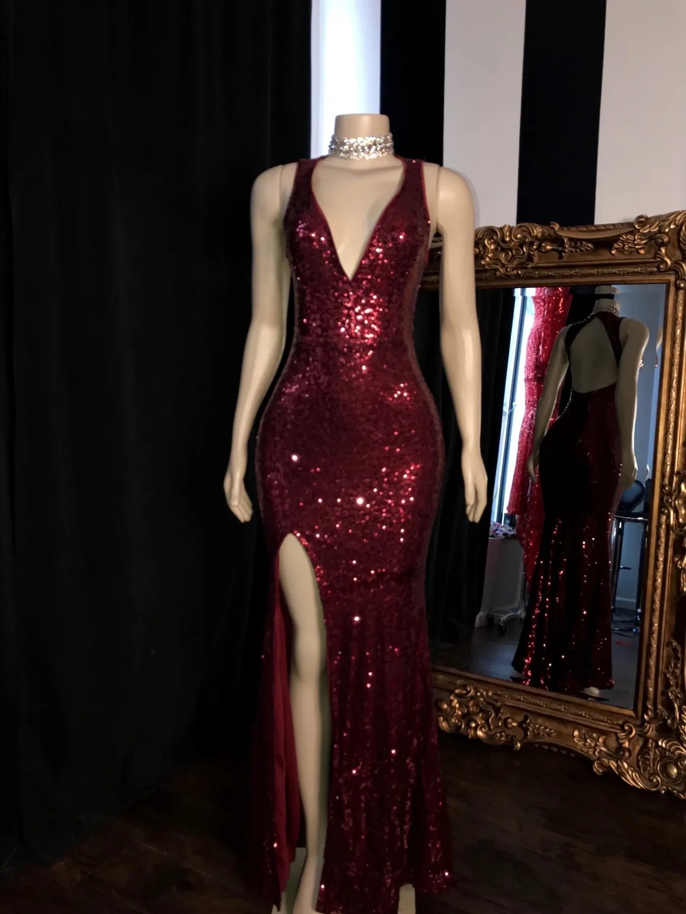 kamahe Long Mermaid Burgundy Sequin Prom Dresses Glitter Split Evening Gown