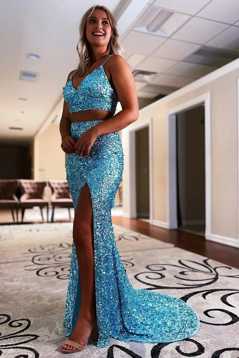 kamahe Two Piece Orange Sequins Mermaid Prom Dress with Slit Formal Evening Dresses