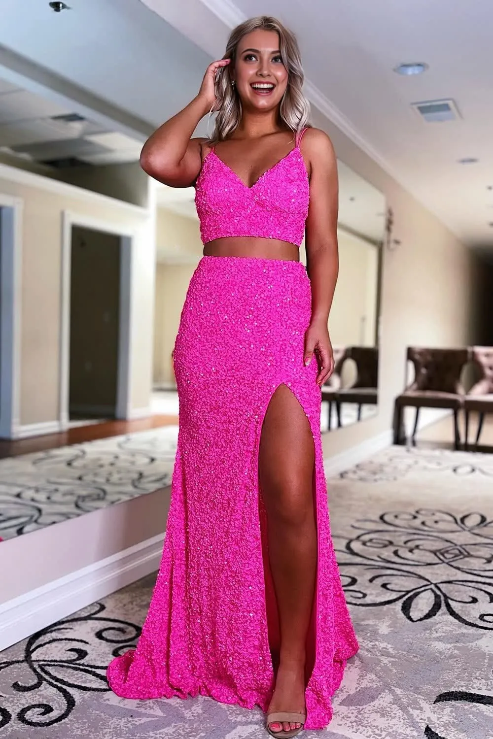 kamahe Two Piece Orange Sequins Mermaid Prom Dress with Slit Formal Evening Dresses