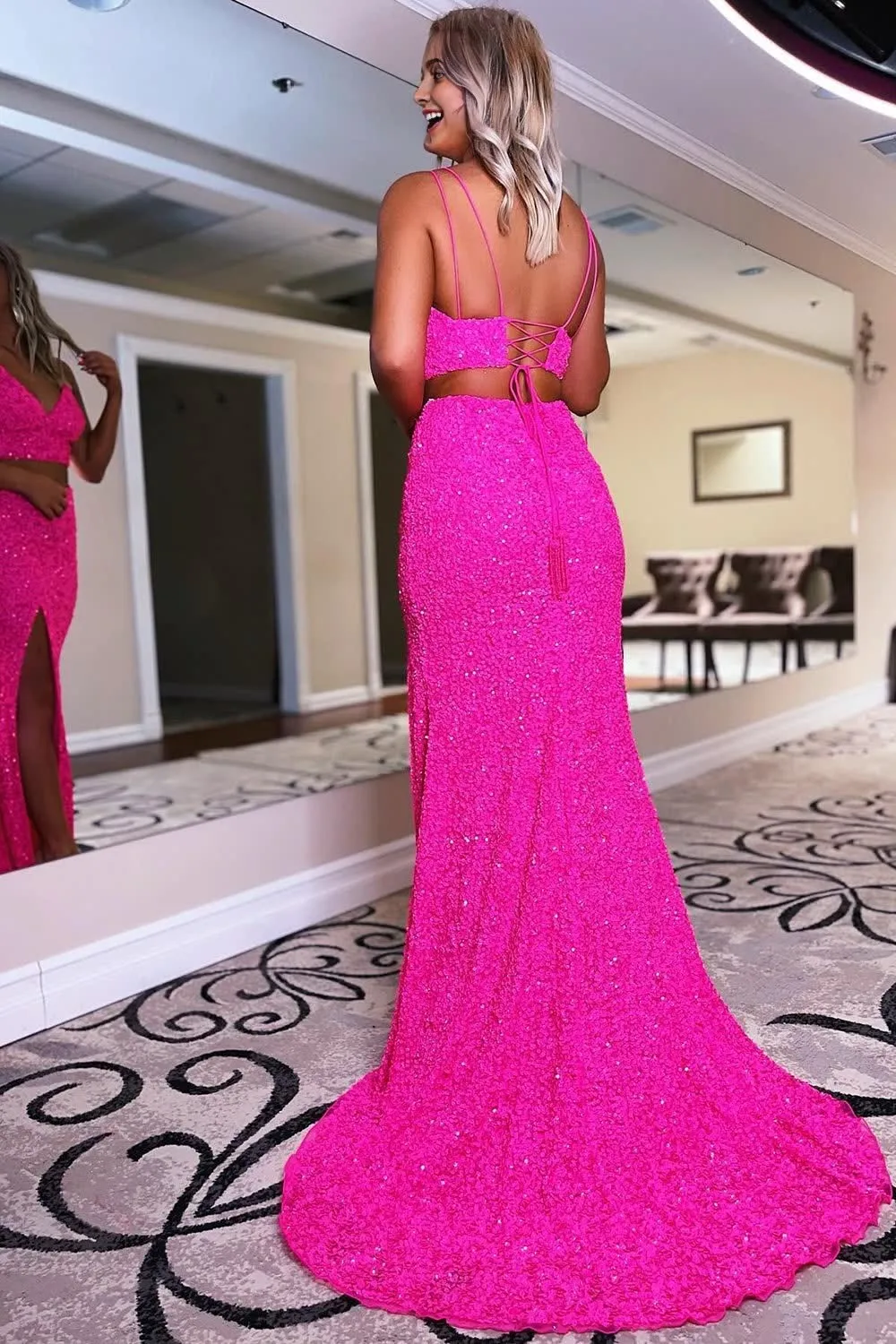 kamahe Two Piece Orange Sequins Mermaid Prom Dress with Slit Formal Evening Dresses