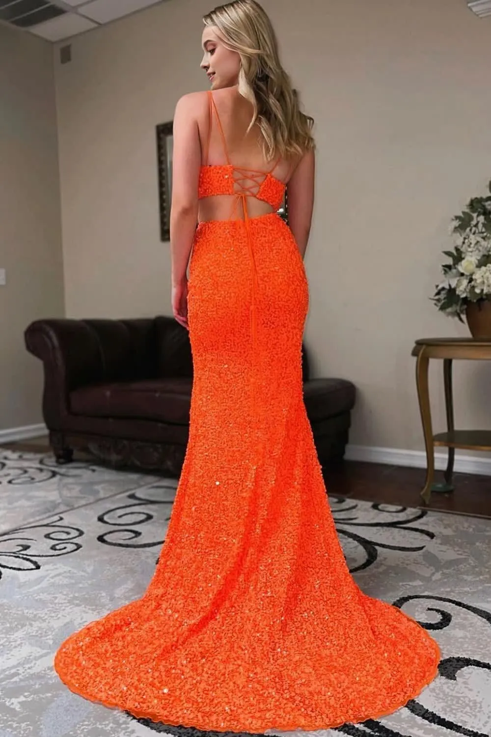 kamahe Two Piece Orange Sequins Mermaid Prom Dress with Slit Formal Evening Dresses