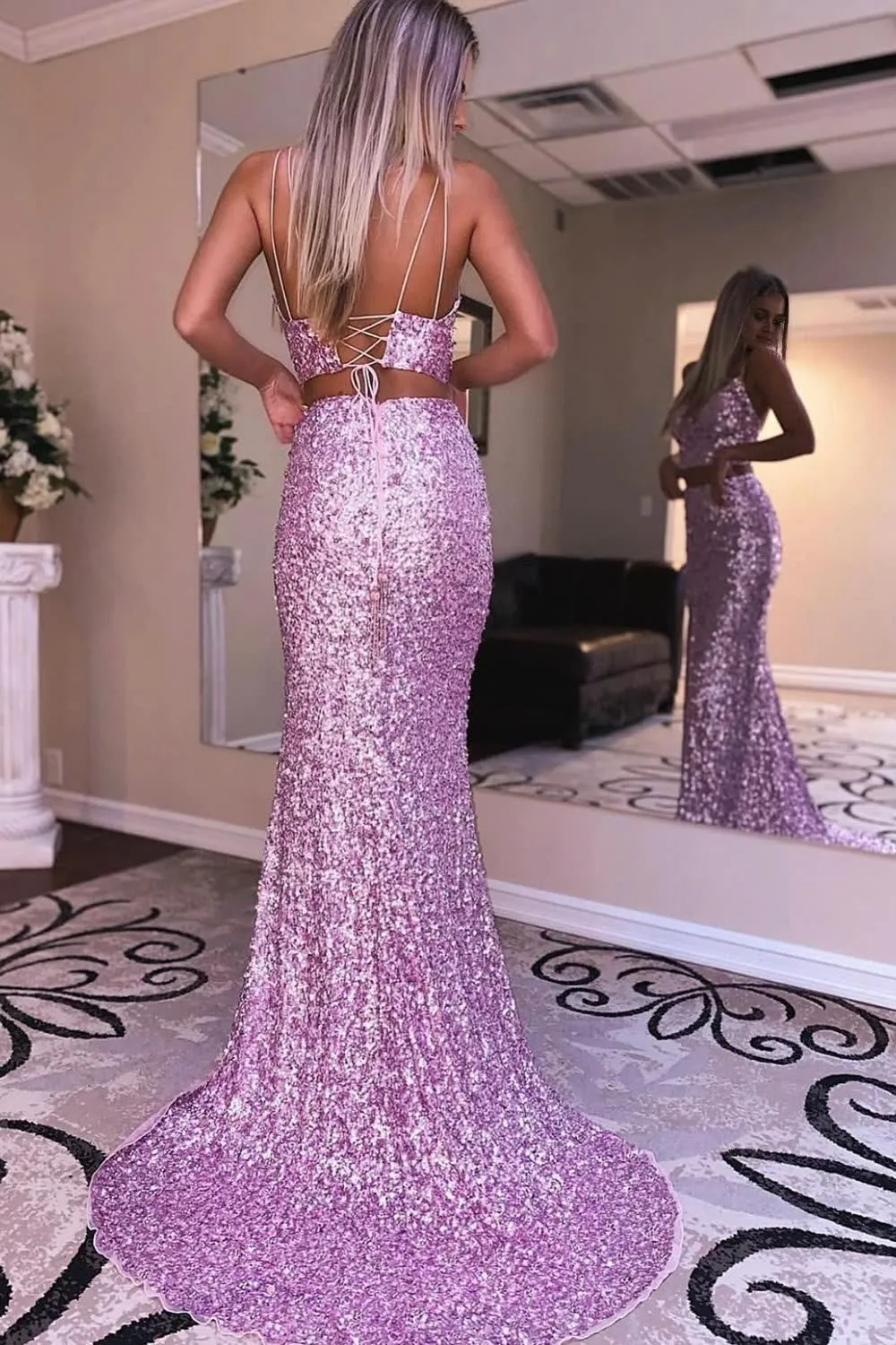 kamahe Two Piece Orange Sequins Mermaid Prom Dress with Slit Formal Evening Dresses