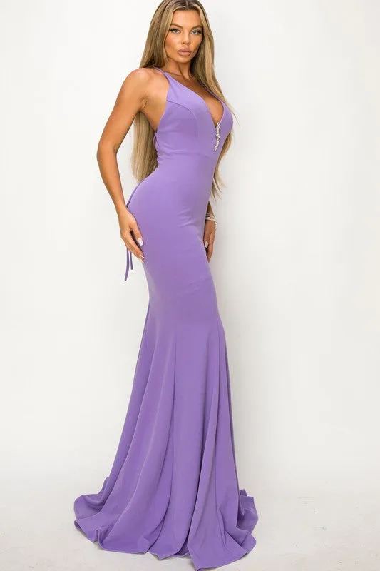 Lavender Mermaid Deep V-neck Prom Maxi Dress