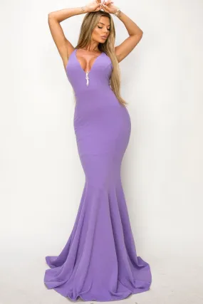 Lavender Mermaid Deep V-neck Prom Maxi Dress