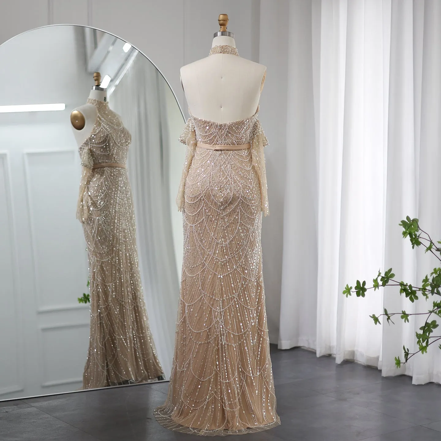 Luxury Nude Halter Mermaid Evening Dress with Gloves SS289