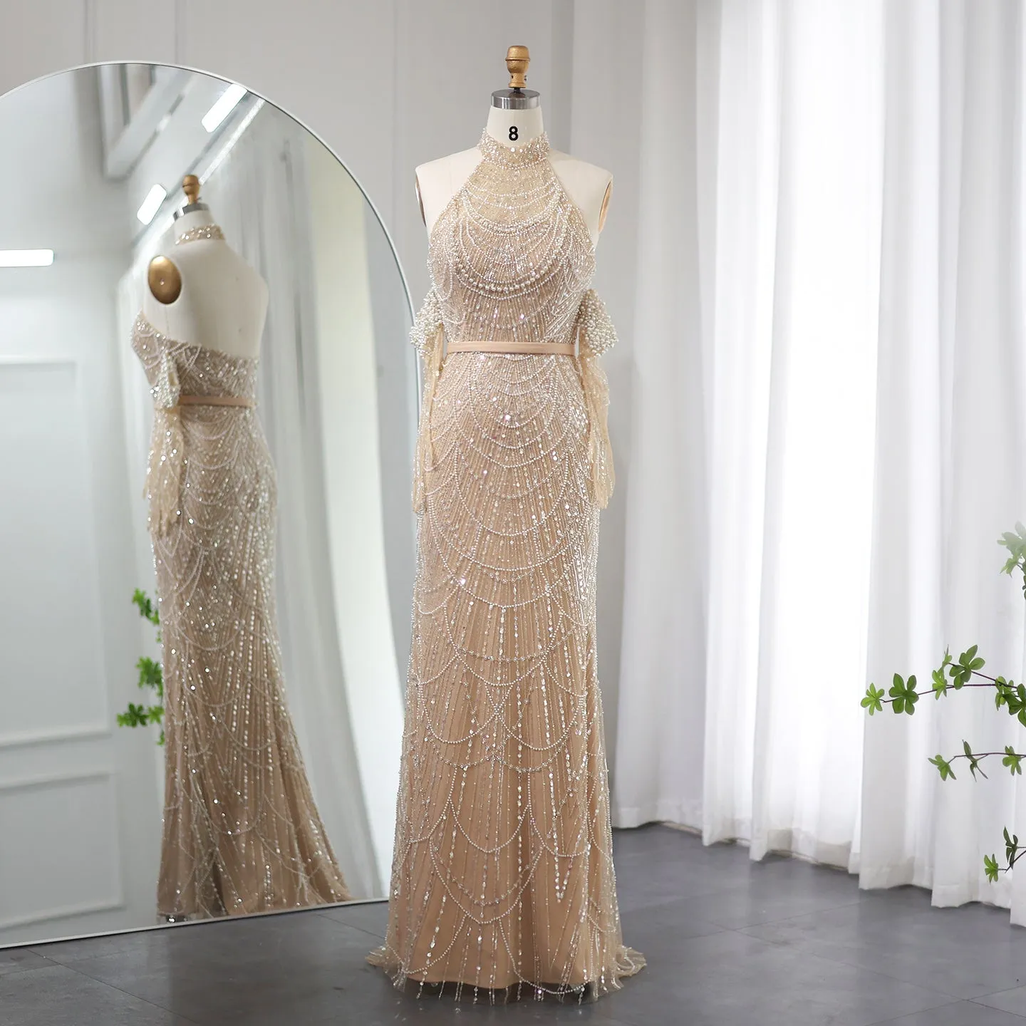 Luxury Nude Halter Mermaid Evening Dress with Gloves SS289