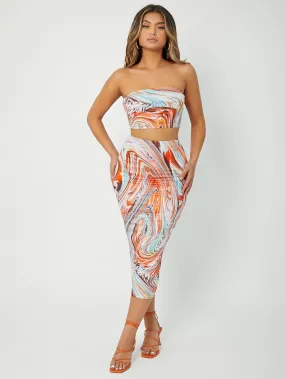 Marble Print Crop Tube Sleeveless Strapless Top and Pencil Skirt