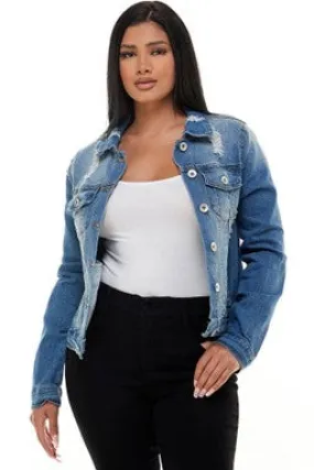 Medium Wash Destroyed Stretch Denim Jacket - #4580-4585