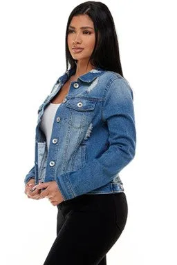 Medium Wash Destroyed Stretch Denim Jacket - #4580-4585