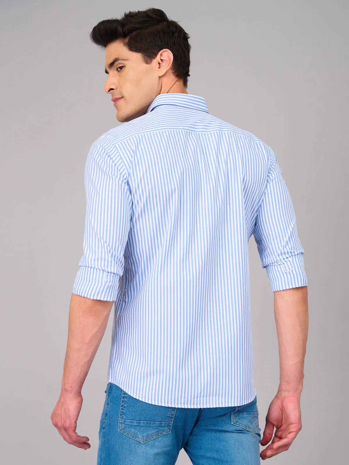 Men Light Blue Striped Shirt (GBMKLS2903)