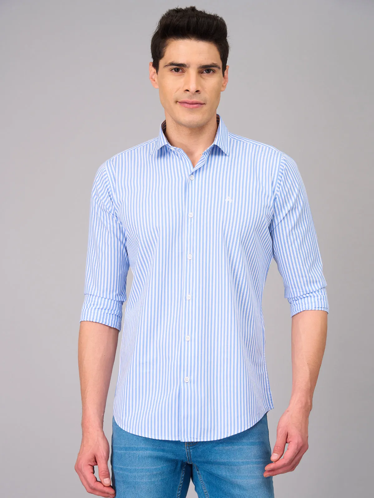 Men Light Blue Striped Shirt (GBMKLS2903)