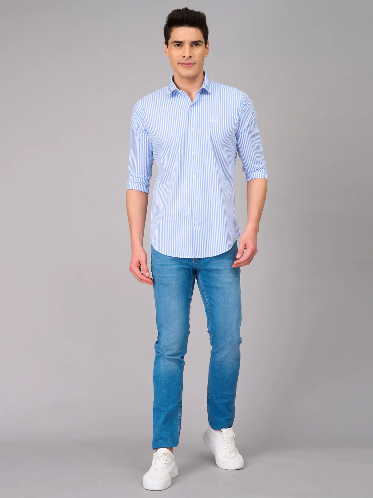 Men Light Blue Striped Shirt (GBMKLS2903)