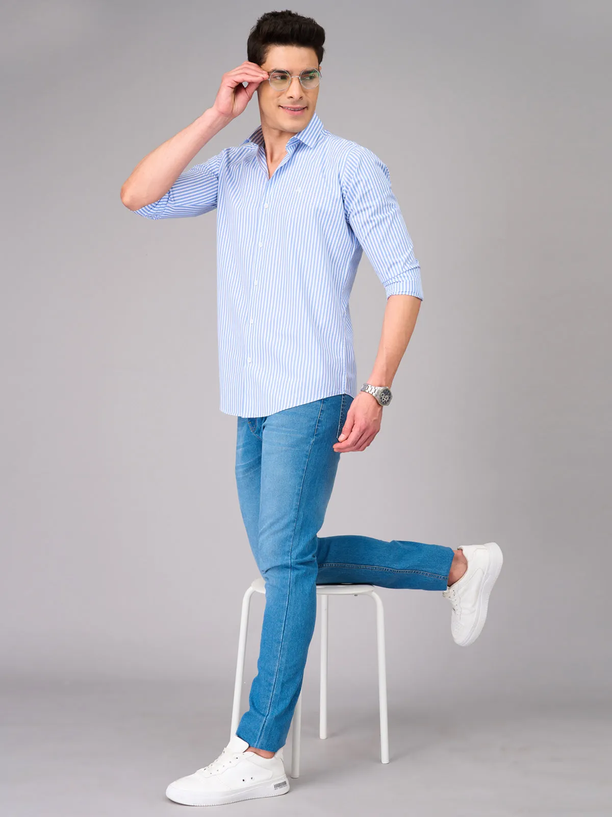 Men Light Blue Striped Shirt (GBMKLS2903)