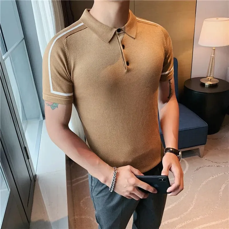 Men's Color Block Striped Knitted Polo Shirt – Slim Fit Short Sleeve Cotton Lapel Streetwear Tee