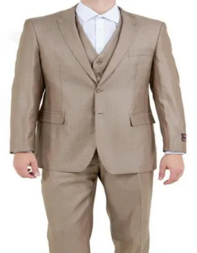 Mens Dark Tan 3 Piece Sharkskin Suit Single Breasted Modern Fit Notch Lapel