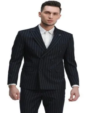 Mens Skinny Fit Double Breasted Pinstripe Suit Navy Peak Lapel Slim Fit