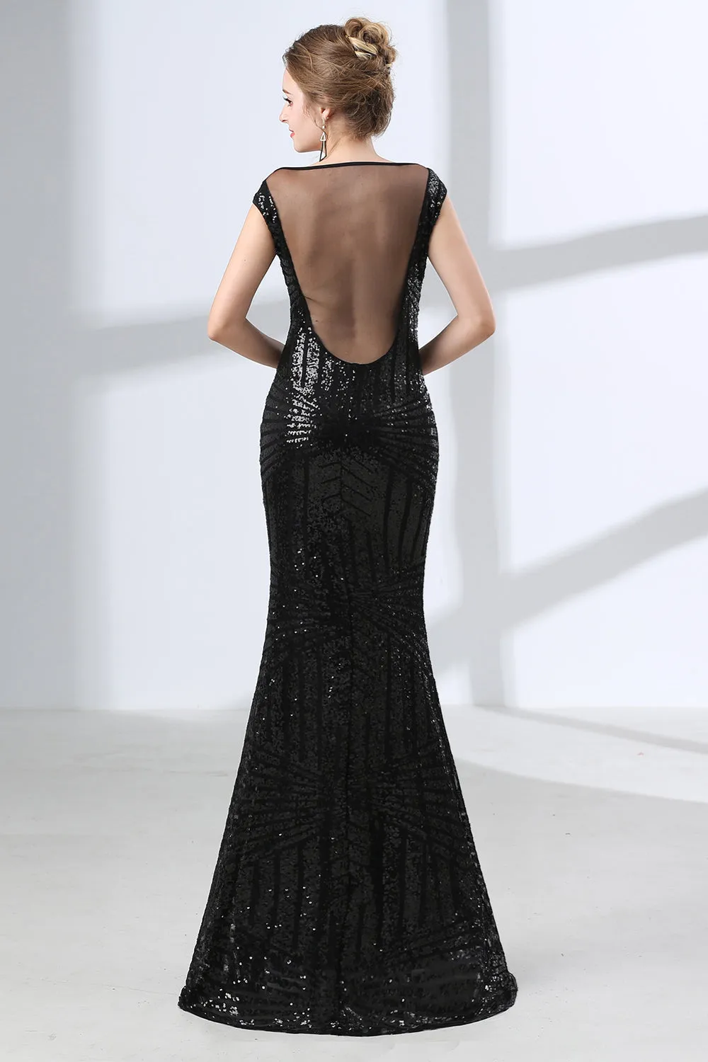 Mermaid Long V Neck Black Sequined Sheer Back Prom Dresses