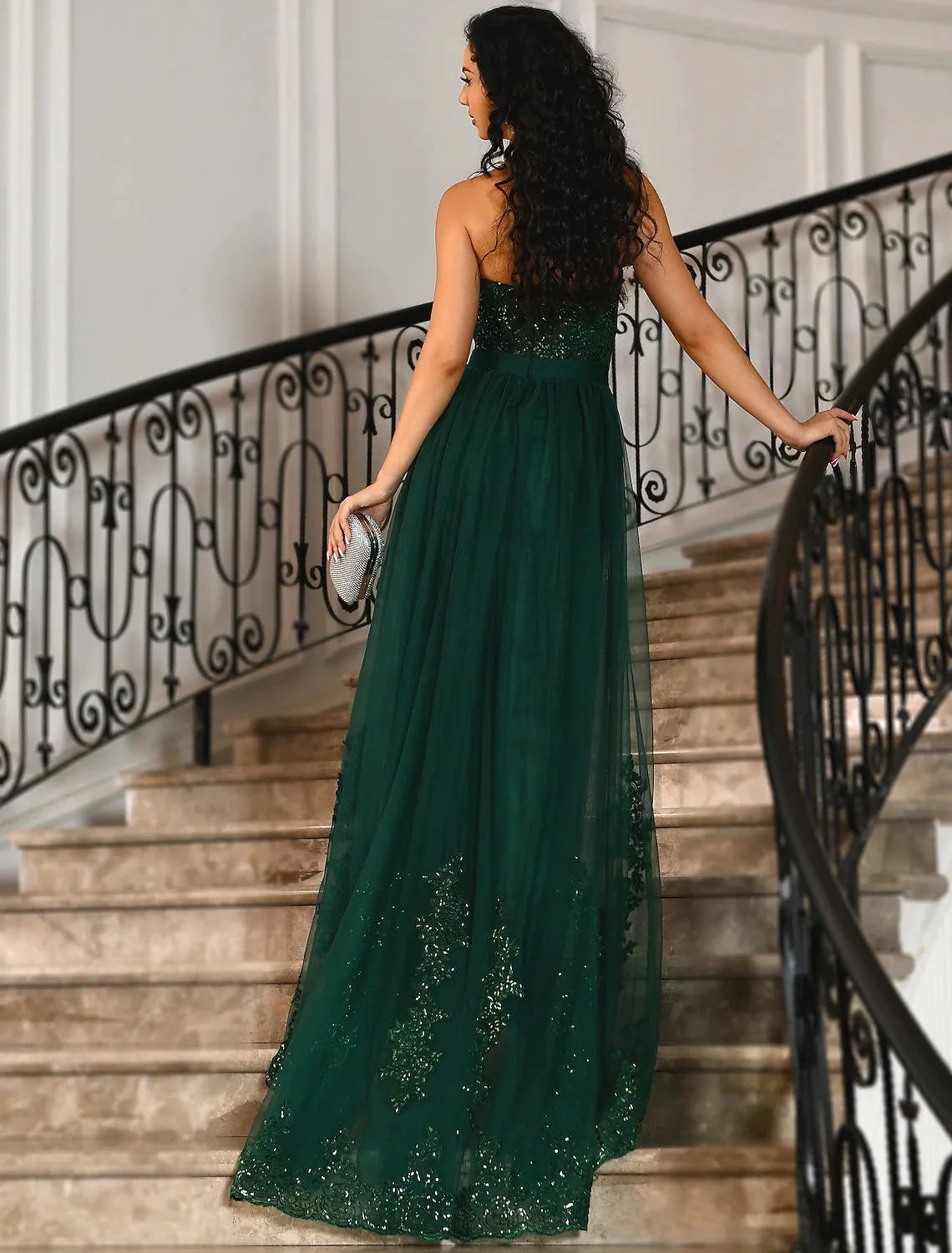 Mermaid Prom Dresses Emerald Green Dress Christmas Wedding Guest Court Train Sleeveless Strapless Tulle