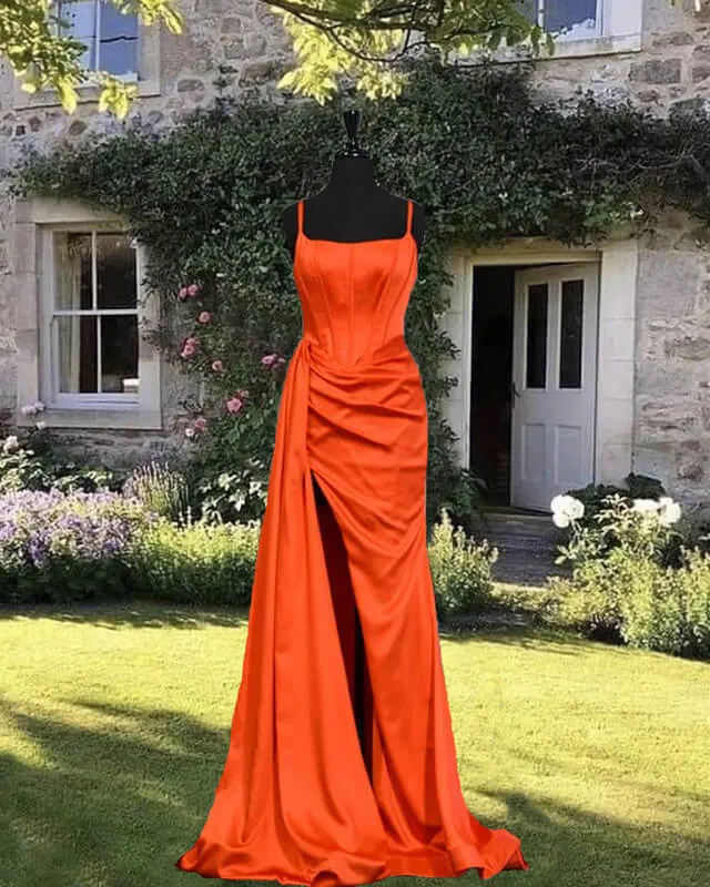 Mermaid Spaghetti Strap Orange Satin Split Dress Prom Dresses