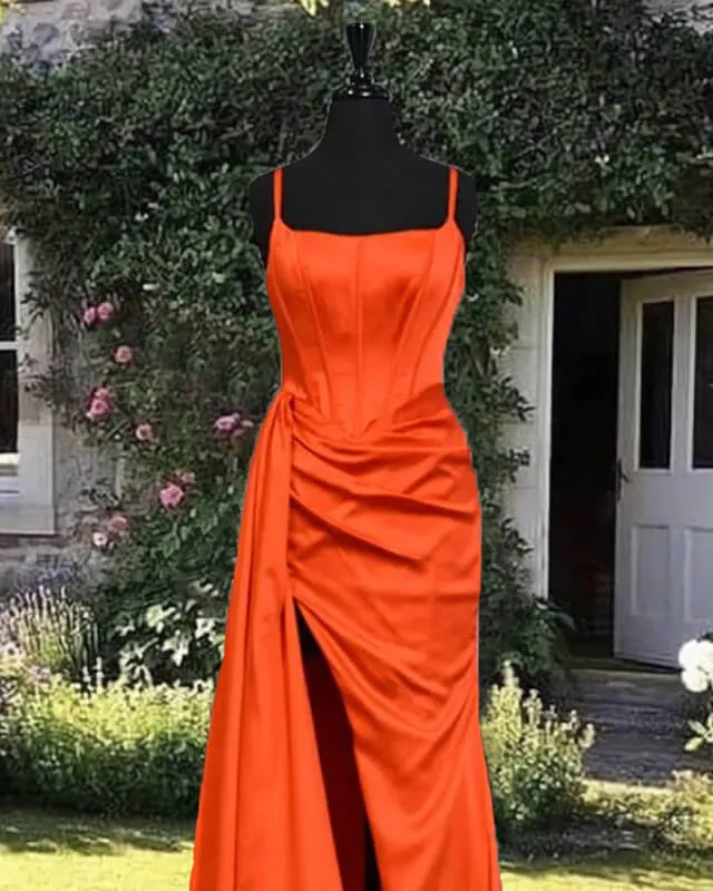 Mermaid Spaghetti Strap Orange Satin Split Dress Prom Dresses