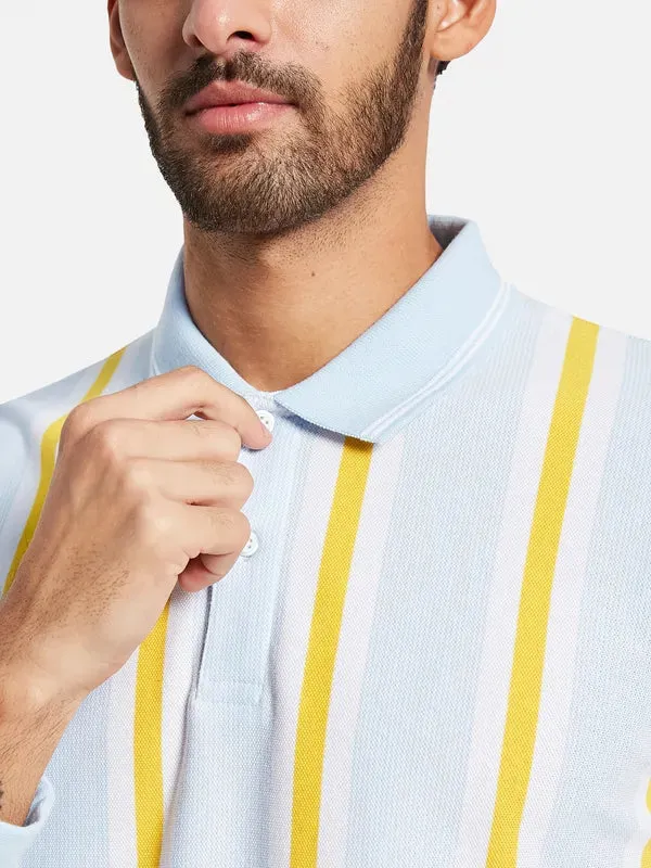 Mettle Men Blue Striped Polo Collar Pockets T-Shirt