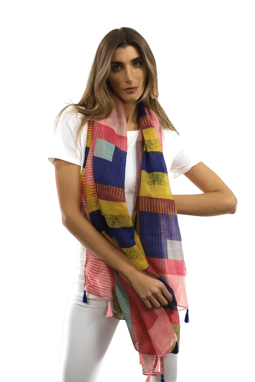 Multi-colored pattern woven scarf-Pink