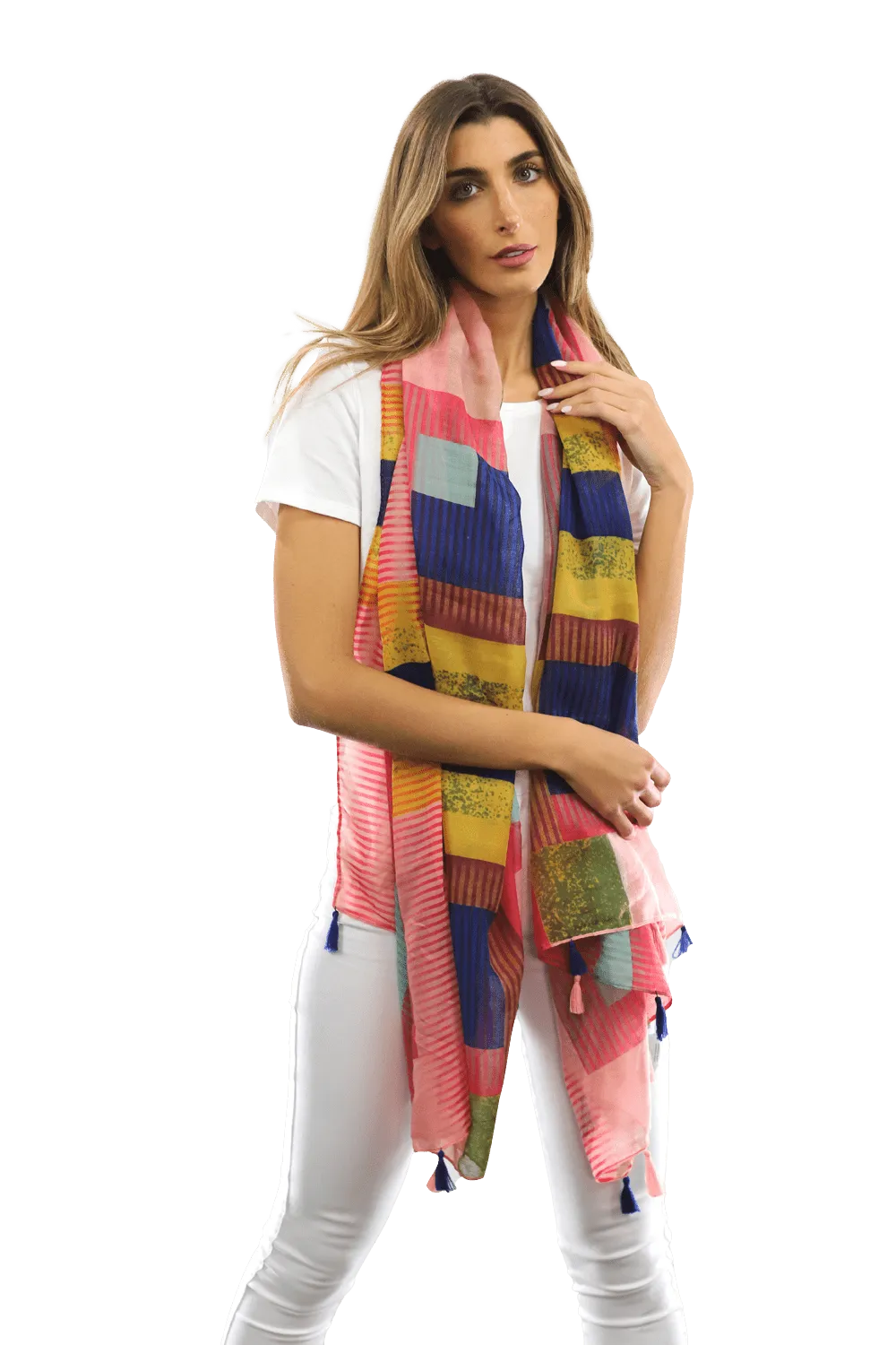 Multi-colored pattern woven scarf-Pink