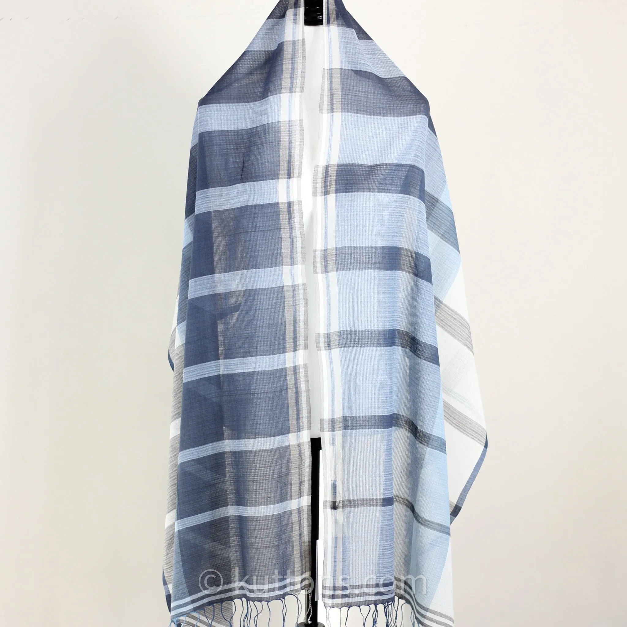 Naturally Dyed Handwoven Cotton Stole - Indigo & Tea Waste | Featherweight Fashion Wrap | Blue, 23x80" (multiple designs)