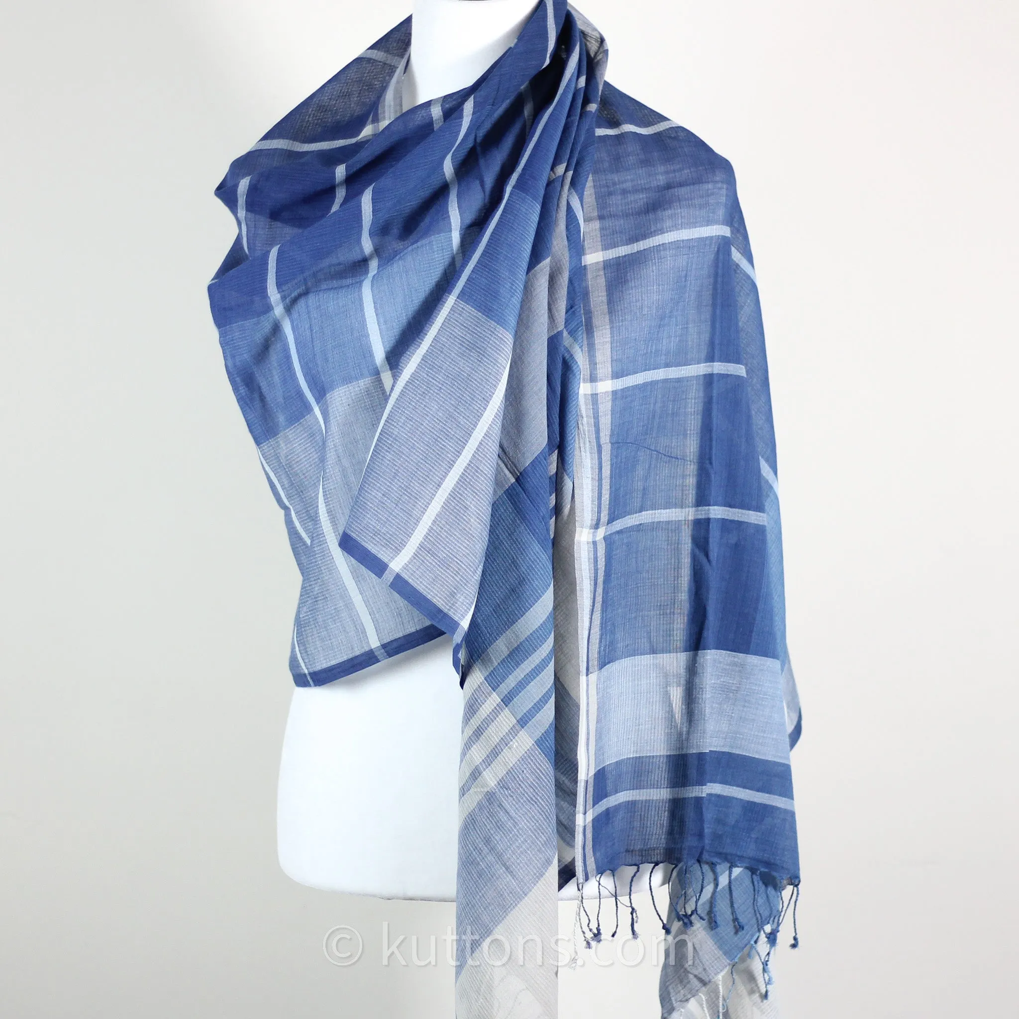 Naturally Dyed Handwoven Cotton Stole - Indigo & Tea Waste | Featherweight Fashion Wrap | Blue, 23x80" (multiple designs)