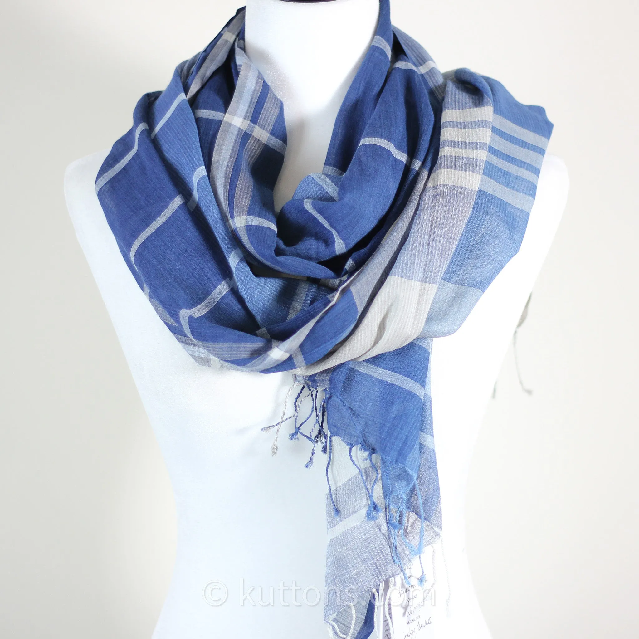 Naturally Dyed Handwoven Cotton Stole - Indigo & Tea Waste | Featherweight Fashion Wrap | Blue, 23x80" (multiple designs)