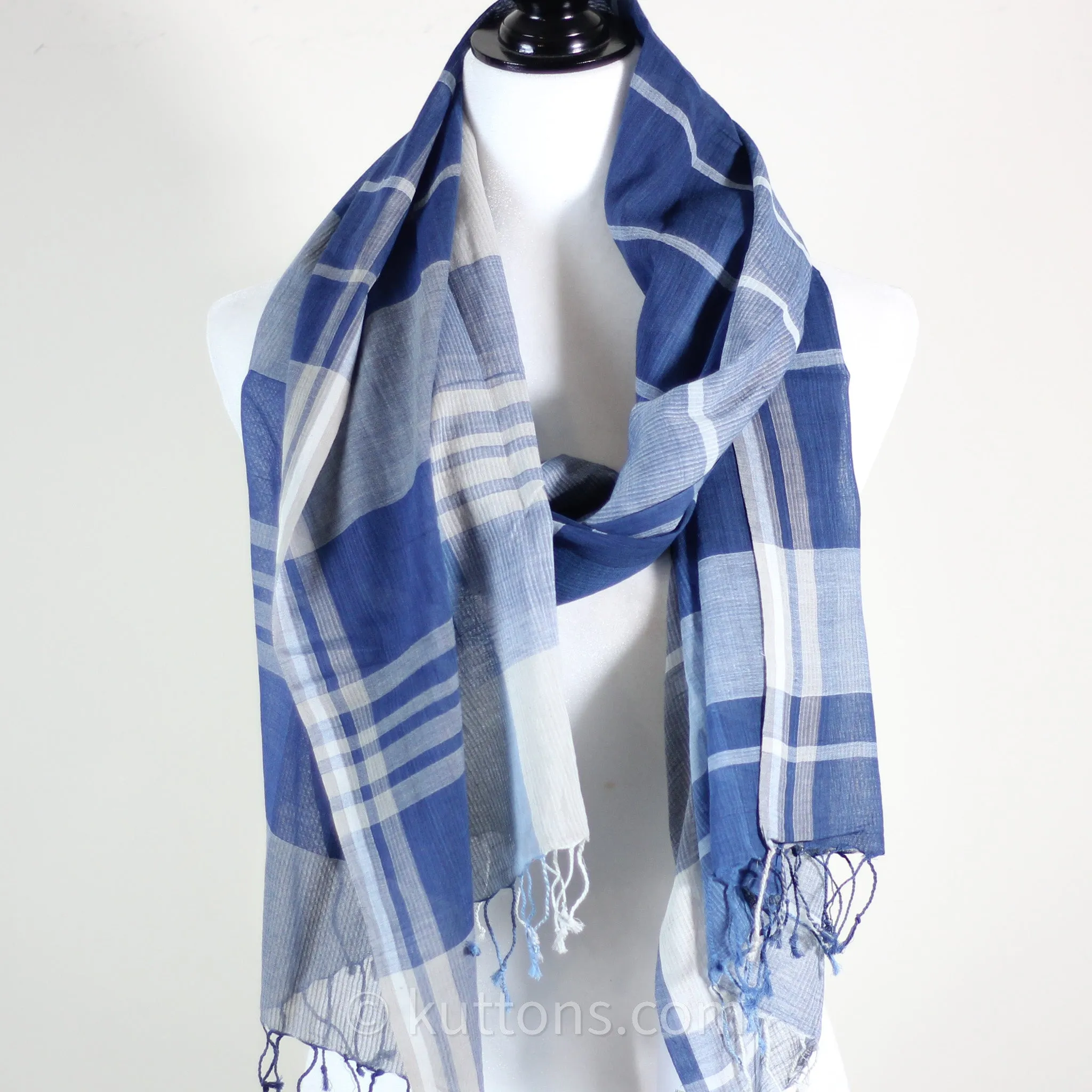 Naturally Dyed Handwoven Cotton Stole - Indigo & Tea Waste | Featherweight Fashion Wrap | Blue, 23x80" (multiple designs)