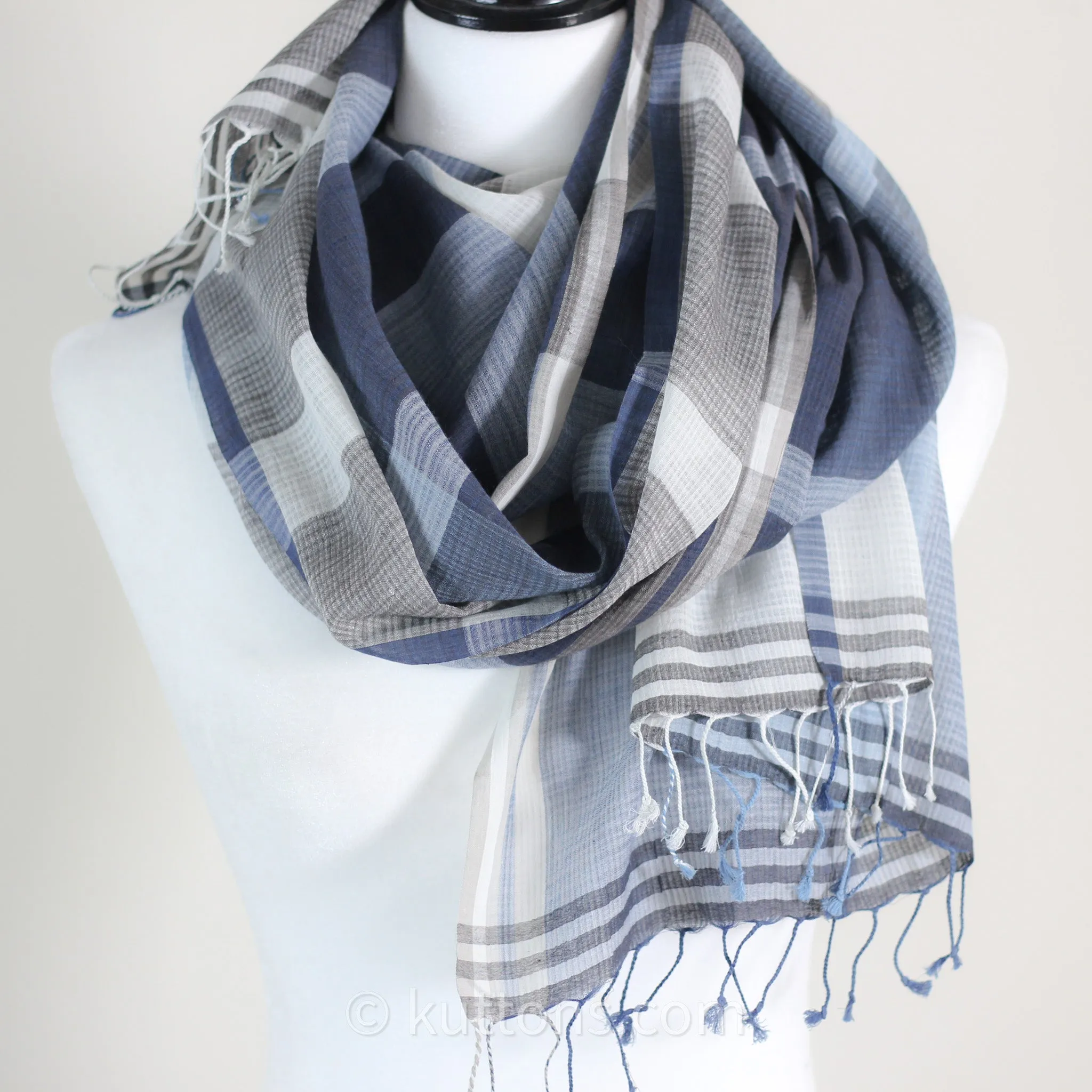 Naturally Dyed Handwoven Cotton Stole - Indigo & Tea Waste | Featherweight Fashion Wrap | Blue, 23x80" (multiple designs)