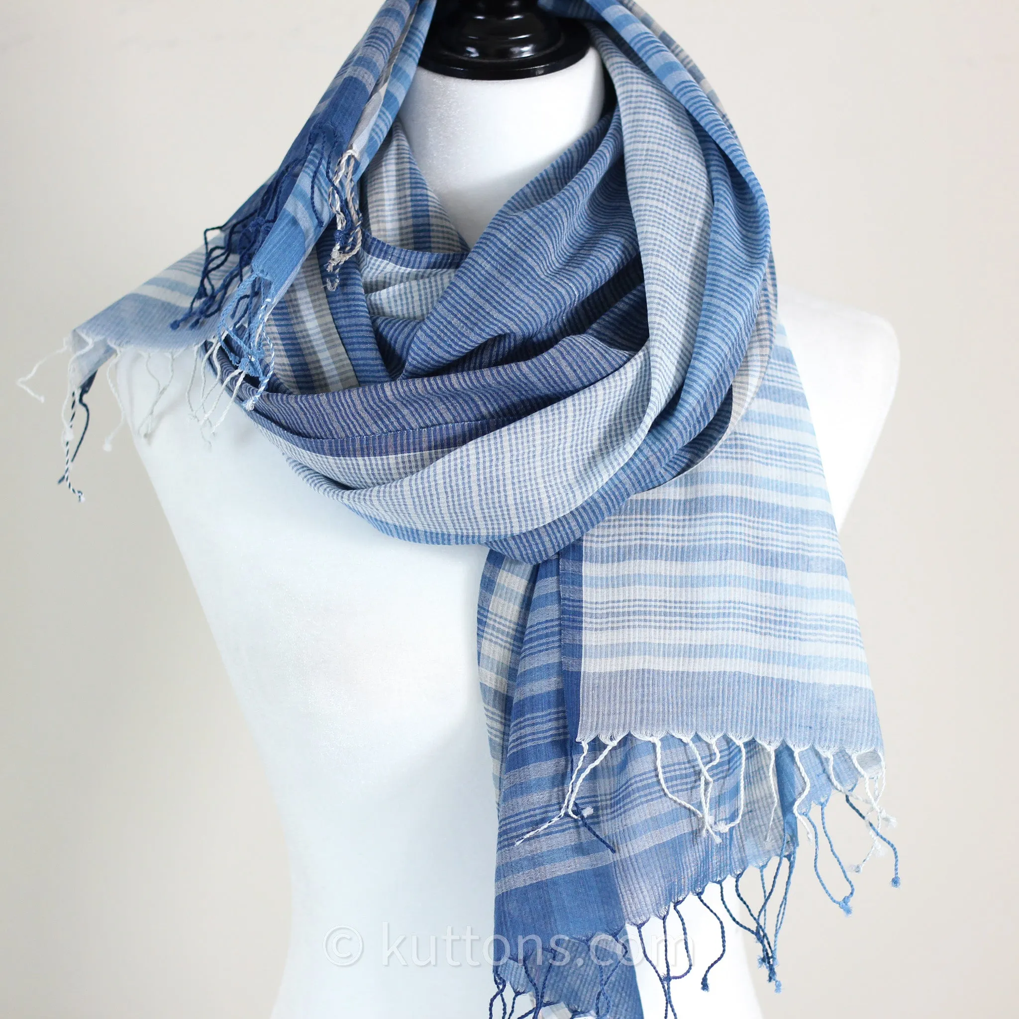 Naturally Dyed Handwoven Cotton Stole - Indigo & Tea Waste | Featherweight Fashion Wrap | Blue, 23x80" (multiple designs)