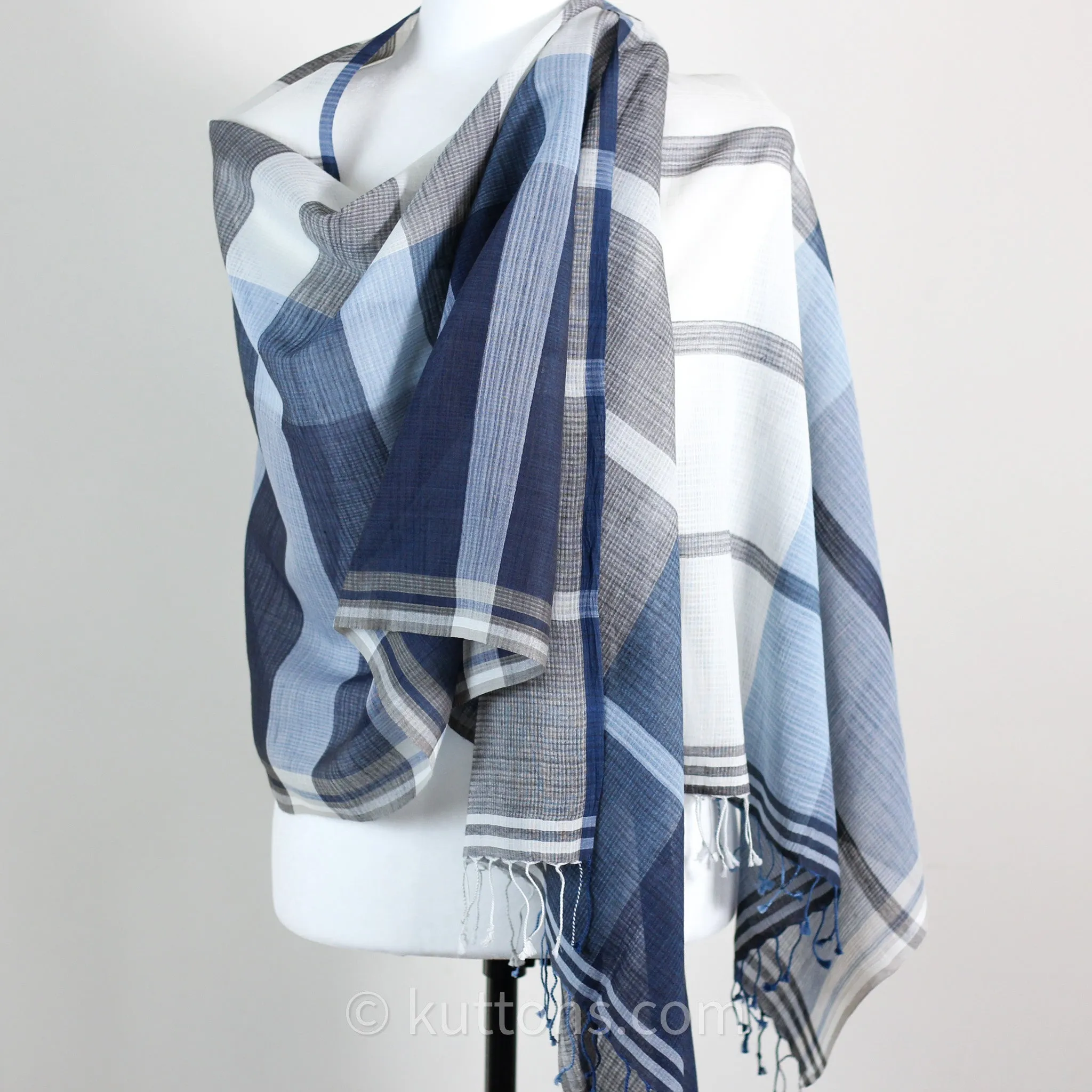 Naturally Dyed Handwoven Cotton Stole - Indigo & Tea Waste | Featherweight Fashion Wrap | Blue, 23x80" (multiple designs)