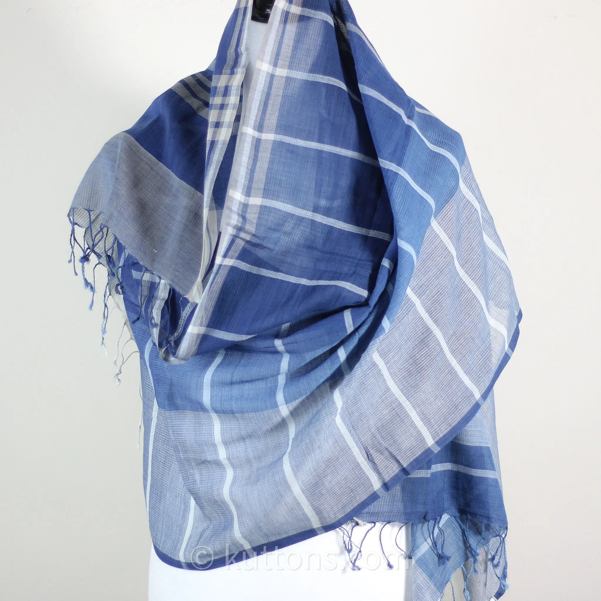 Naturally Dyed Handwoven Cotton Stole - Indigo & Tea Waste | Featherweight Fashion Wrap | Blue, 23x80" (multiple designs)