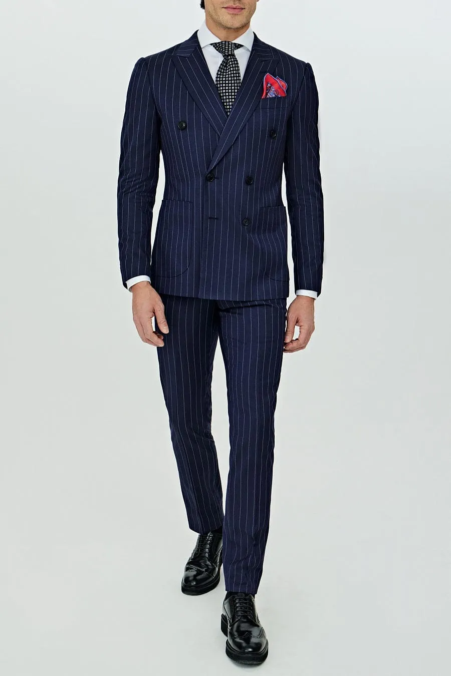 Navy 2 Pece Business Double Breasted Notch Lapel Striped Men's Suit (Blazer Pants)