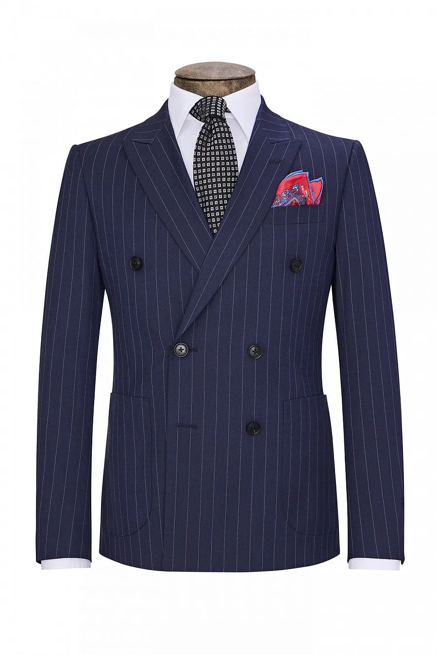 Navy 2 Pece Business Double Breasted Notch Lapel Striped Men's Suit (Blazer Pants)