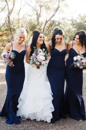 Navy Blue Mermaid Sweetheart Spaghetti Straps Long Bridesmaid Dresses, BD130