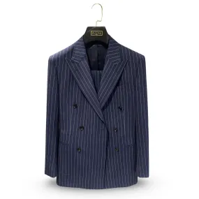 Navy Blue Pinstripe “Benton Peak Lapels” Italian Imported Tropical Wool DB Suit