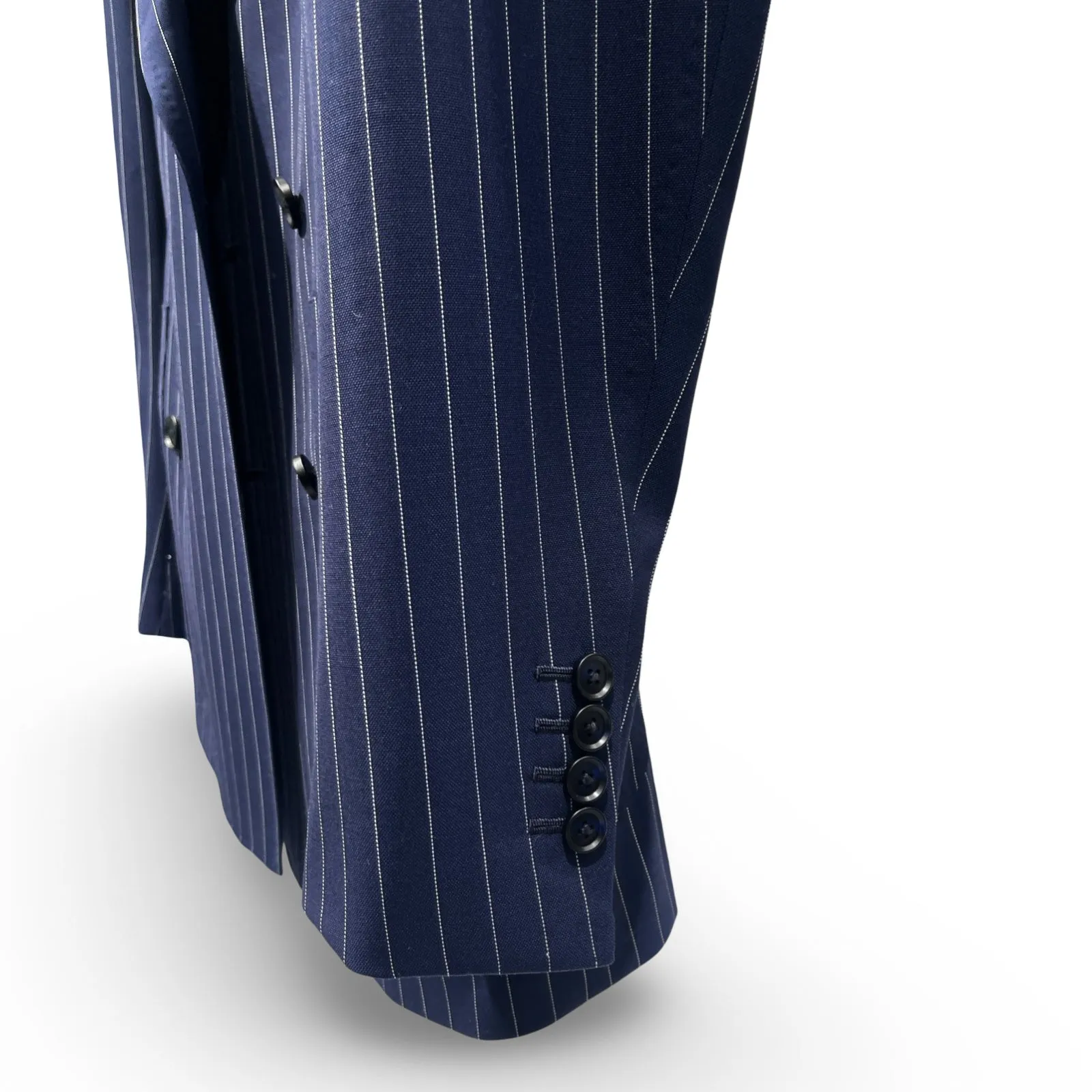 Navy Blue Pinstripe “Benton Peak Lapels” Italian Imported Tropical Wool DB Suit