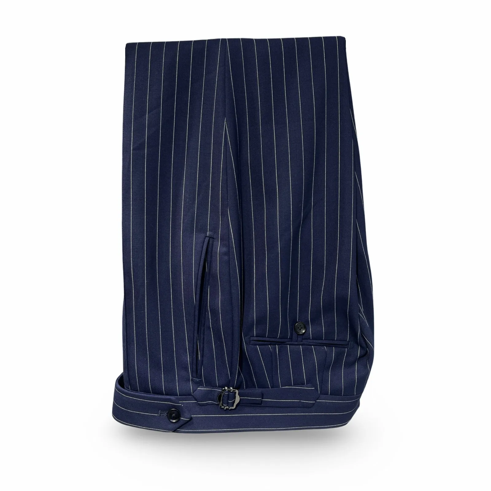 Navy Blue Pinstripe “Benton Peak Lapels” Italian Imported Tropical Wool DB Suit