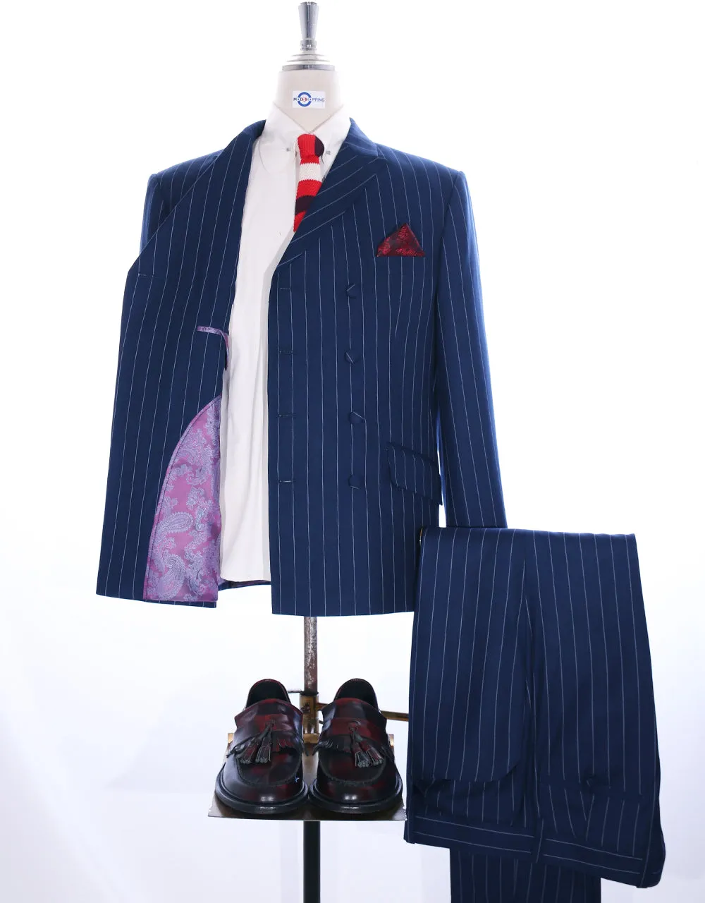 Navy Blue Striped Double Breasted Suit