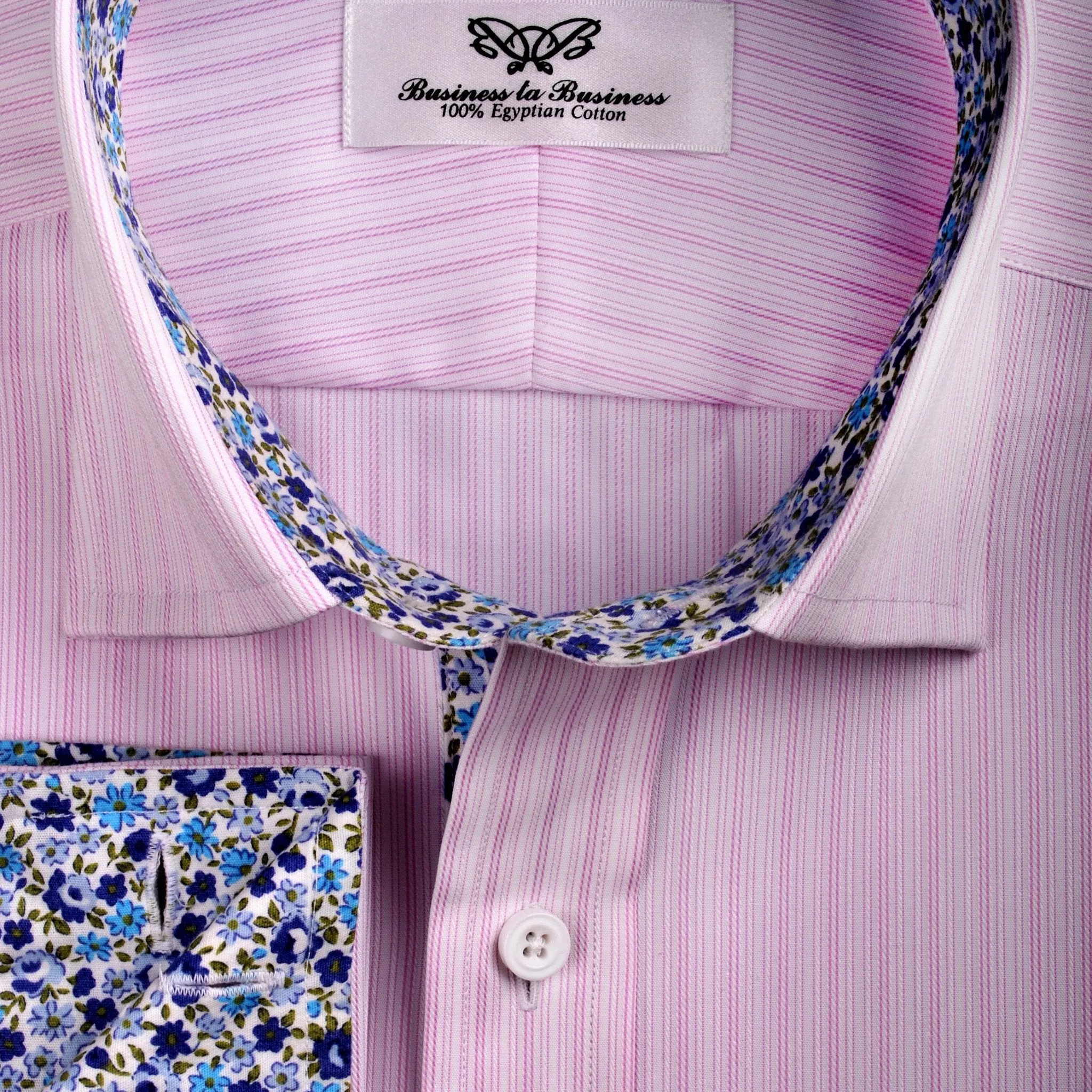 Pink Candy Twill Stripes Formal Business Dress Shirt with Floral Inner-Lining