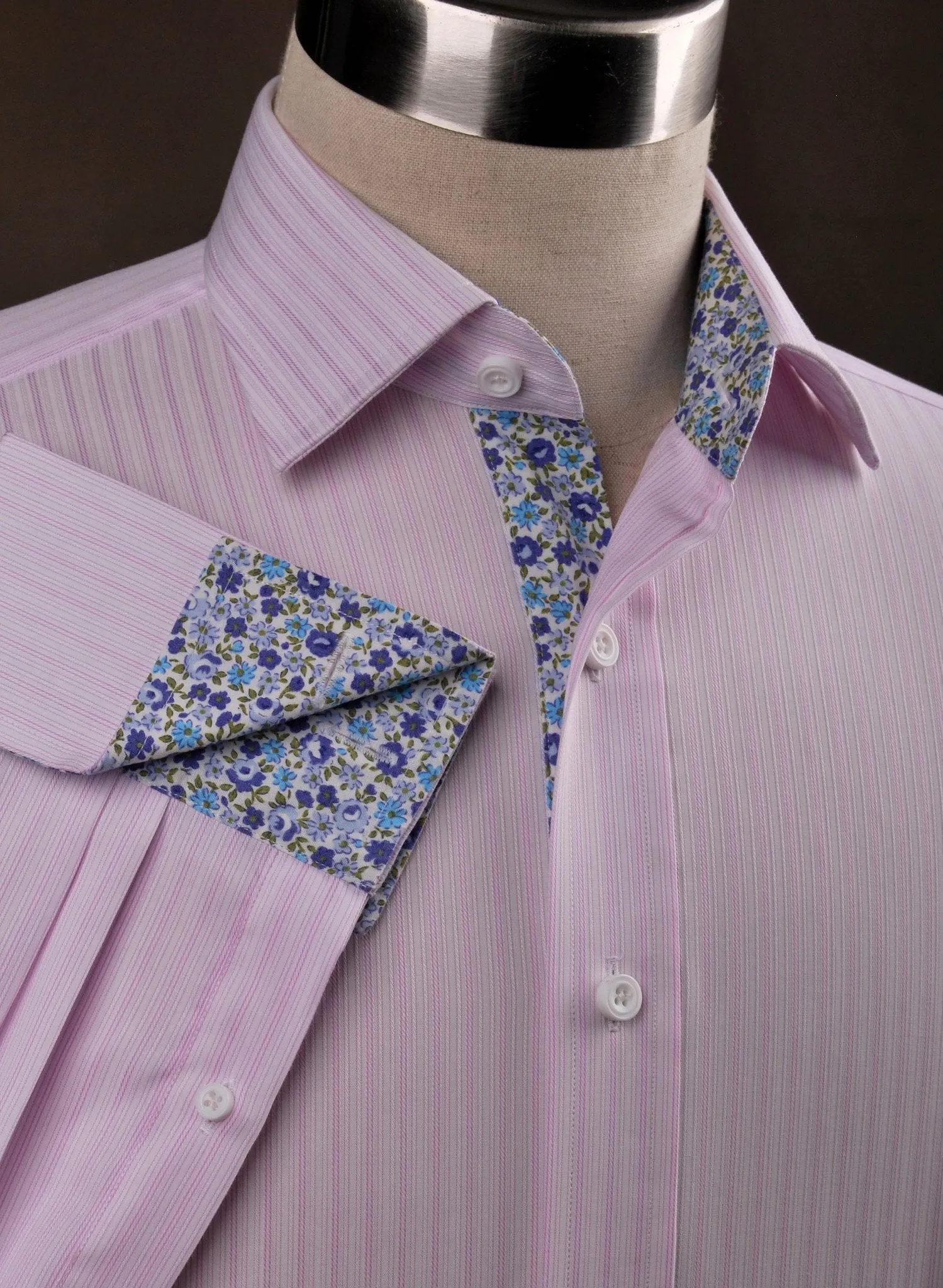 Pink Candy Twill Stripes Formal Business Dress Shirt with Floral Inner-Lining