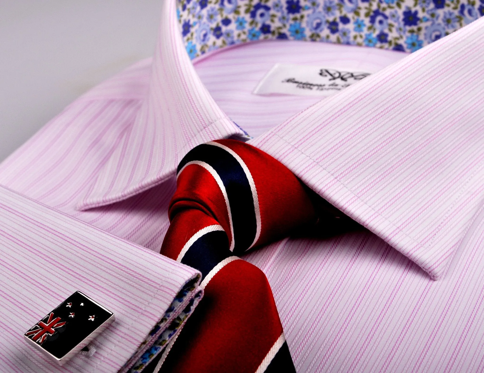 Pink Candy Twill Stripes Formal Business Dress Shirt with Floral Inner-Lining