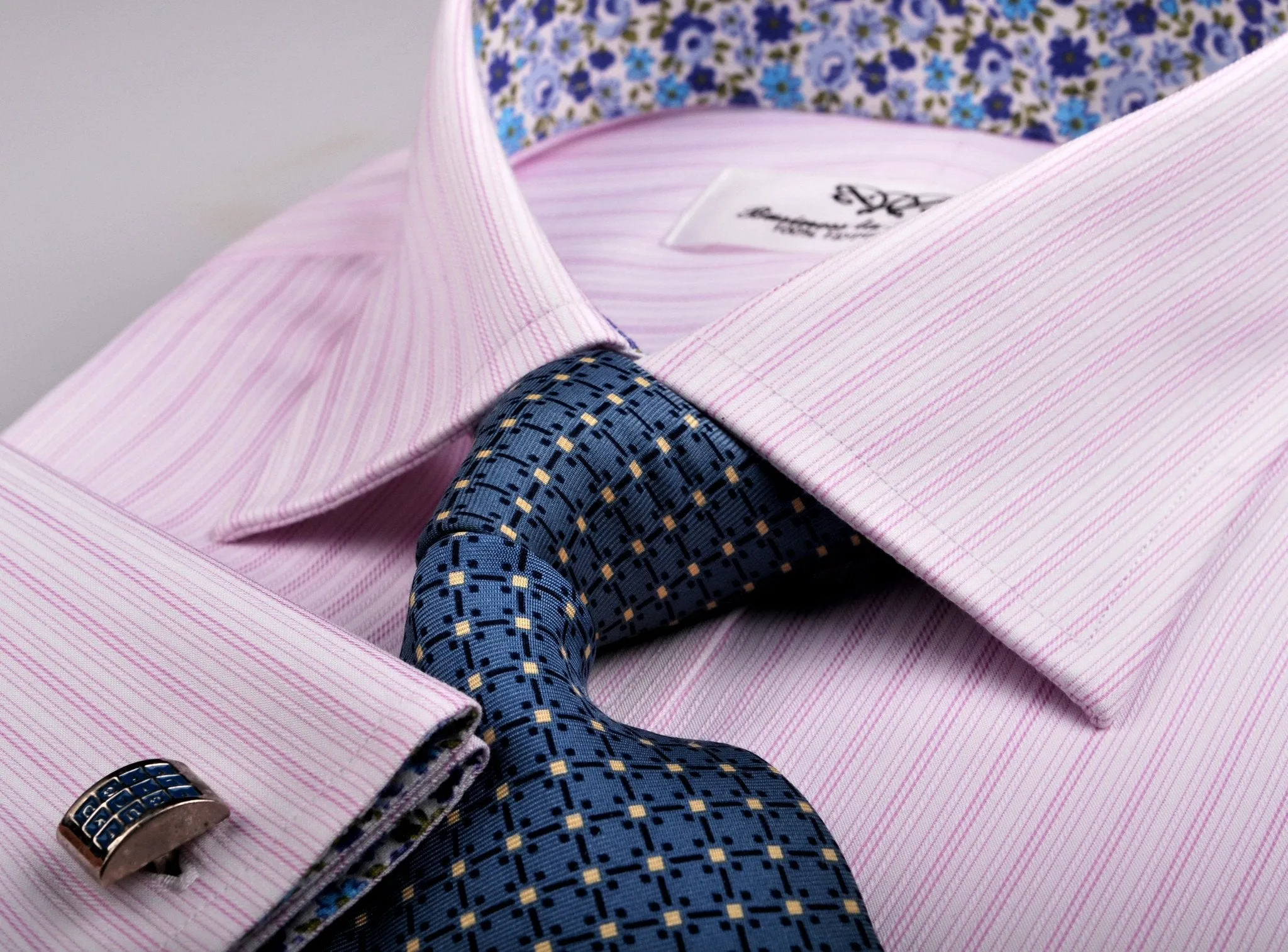 Pink Candy Twill Stripes Formal Business Dress Shirt with Floral Inner-Lining