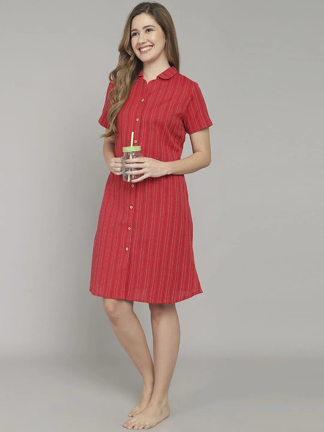 Red Strip Knee Length Cotton Sleep Shirt