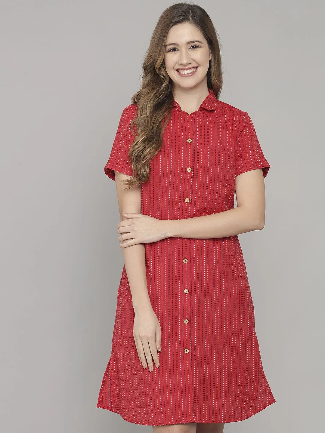 Red Strip Knee Length Cotton Sleep Shirt