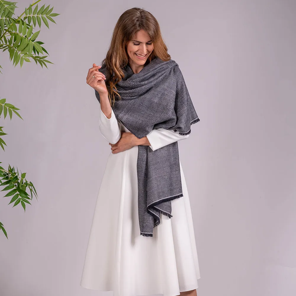 Silver Grey and Navy Check Pashmina Cashmere Shawl