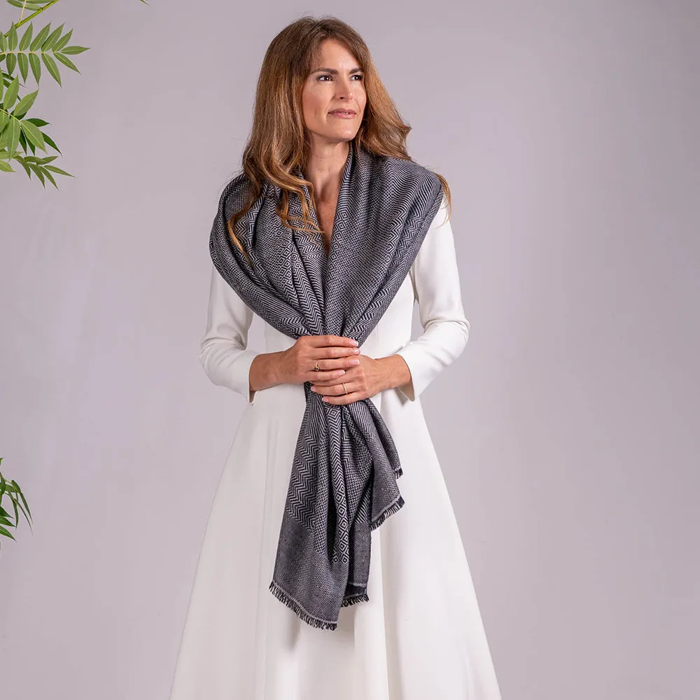 Silver Grey and Navy Check Pashmina Cashmere Shawl